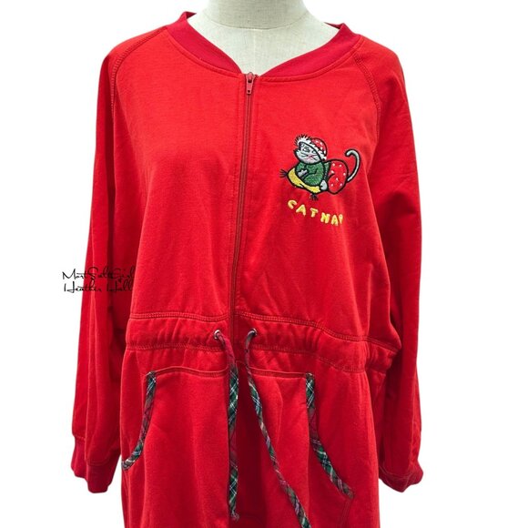Vintage 1980's Yikes Red Zip-Front Catnap Embroidered Lounge Dress Size 1X - Picture 3 of 8